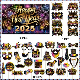 New Years Eve Party Supplies 2025 Colorful Happy New Year's Eve 2025 Party Photo Booth Props Supplies with Backdrop,Happy New Year Glasses 2025 for New Years Decorations 2025