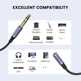 MOSWAG 6.35mm 1/4 inch to 3.5mm 1/8 inch Headphone Jack Adapter 3.28FT/1Meter,1/8 Female to 1/4 Male Extension Cable, 3.5 to 6.35 Audio Cable for Mixer Guitar Piano Amplifier Speaker and More