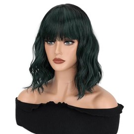 VCKOVCKO Wavy Wig With Bangs Women's Short Bob North star green Mix Black Wigs Curly Wavy Shoulder Length Wigs Synthetic Wig for White Women Daily Use Colorful Wigs(12", North star green Mix Black)