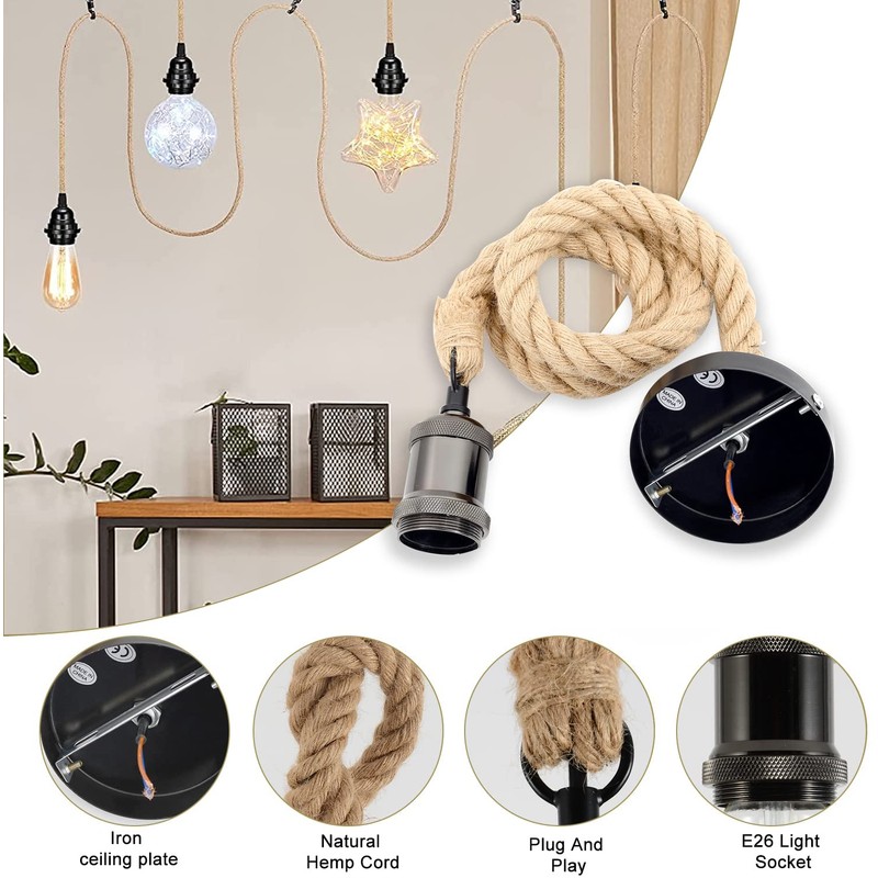 COOBATG Industrial Hemp Rope Chandelier;Single Head Farmhouse Pendant Lights E26
