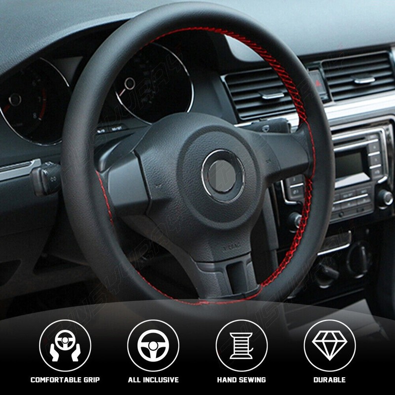 CHUSYYRAY Black 15" Leather Car Steering Wheel Cover Breathable Anti-slip