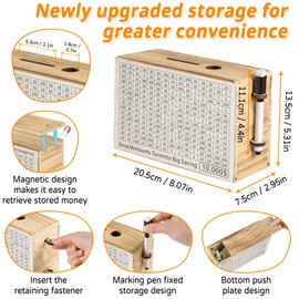 Wooden Money Saving Box, Cash Savings Box for $10000 $5000 $3000 $1000$500Target Money Saving Challenge, Reusable Cash Vault Bank with Dry Erase Pen/Savings Trackers/Storage Bag(Wood Color)