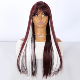 Smilco New Burgundy Highlights White Highlights 28-inch Synthetic Wig with Bangs Heat-resistant Synthetic Straight Hair SM408-8color: Wine red highlights white, Stretched Length: 28 Inches
