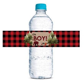 Oh Boy! Outdoorsy Red and Black Plaid Lumberjack Baby Shower Waterproof Water Bottle Sticker Wrappers, 20 1.75" x 8.5" Wrap Around Labels by AmandaCreation
