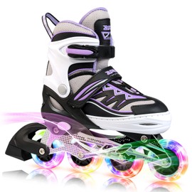 2PM SPORTS Cytia Purple Girls Adjustable Illuminating Inline Skates with Light up Wheels, Fun Flashing Rollerblades for Kids - Large (3-6 US)