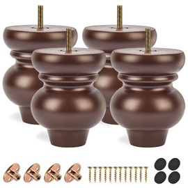 TCHOSUZ 5 inch / 12cm Wooden Furniture Legs, Pack of 4 Classic Walnut Solid Wood Turned DIY Replacement Bun Feet with M8 Hanger Bolts & T-Nuts for Sofa Couch Cabinet Ottoman Bed Riser