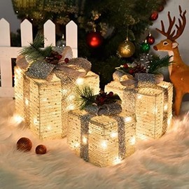 COVFEVER Christmas Lighted Gift Boxes, Pre-lit Lights Gold Linen Cloth Gift Boxes, Light up Present Boxes Set Battery Operated with Different Sizes for Holiday Indoor Outdoor Decorations