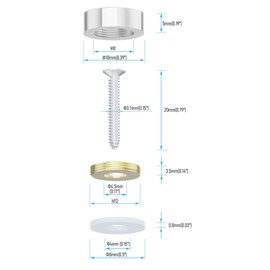 FOCMKEAS 4 PCS 10mm(0.39") Mirror Screws, Brass Decorative Caps Cover Fasteners, Metal Mirror Nails, Polished Flat Silver Lid (Bright Silver)