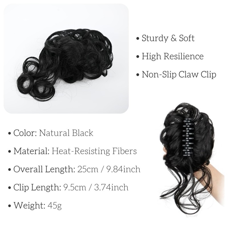 Black Messy Bun Hair Clips with Hair Attached Curly Ponytail