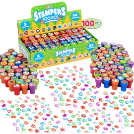 100 Pcs Assorted Stamps for Kids Self-Ink Stamps (50 Different Designs, Plastic Stamps, Emoji Stampers, Dinosaur Stampers, Zoo Safari Stampers) for Easter Egg Stuffers, Party Favor, Teacher Stamps