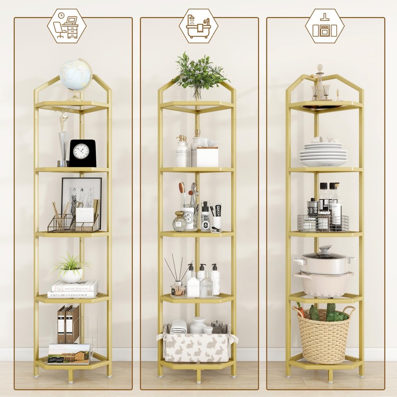 5-Tier Corner Shelf Stand, Gold Corner Bookshelf, Bathroom Storage Rack