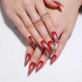 KKUUOO Red Press on Nails Long Stiletto Fake Nails Glitter Press on Nails Handmade Press on Nails Glossy Acrylic Nails Full Cover Glossy False Nails Stick on Nails for Women and Girls 24Pcs