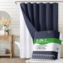 Luxury 3 in 1 Shower Curtain Set 3D Textured Waffle Weave Bathroom Curtain with Waterproof SGS Certified Fabric Liner & 12 Anti-Fall Stainless Steel Hooks, Machine Washable 72"x72" (Navy Blue)