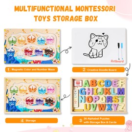 LIOKLICK 4-in-1 Magnetic Color and Number Maze Toys Box with Alphabet Puzzles Drawing Board, Wooden Storage Montessori Toy for 3-5 Year Old, Toddlers Educational Learning Toy Gifts for Kids Boys Girls