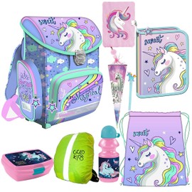 Unicorn school bag set, school backpack, children's backpack, pencil case, gel pen, shoe bag, lunch set, sugar bag, diary, rain cover, motif print, 9 pieces, pink, School bag set