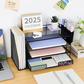 OPNICE Desk Organizer and Accessories, 4-Tier Desktop File Organizer with Drawer and 2 Pen Holders, Office Desk Accessories, File Sorters, Workspace Organizers for Office Supplies(Black)