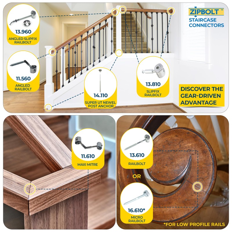 Zipbolt 11.550 Angled Railbolt Bulk Pack — Angled Staircase Handrail