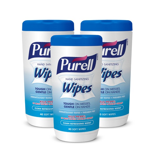 PURELL Hand Sanitizing Wipes, Clean Refreshing Scent, 40 Count Sanitizing Wipes Table Top Canisters (Pack of 3) - 9120-03-EC