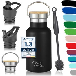 Milu Stainless Steel Water Bottle 350 ml 500 ml 750 ml 1000 ml (+ 3 Lids) Thermos Bottle with Straw Insulated Water Bottle for Children, Adults, for Travel, Leak-Proof (Black, 350 ml)