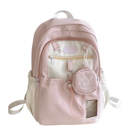 Kawaii Backpack Double Shoulder Bag with Cute Star Removable Pouch Small Clear Front Pocket Large Capacity Fits 16" Laptop Dopamine Colors Daypack (Pink)