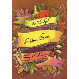 Designer Greetings Yellow Banner, Pumpkins, Flowers, Corn on Light Brown Thanksgiving Card for Son