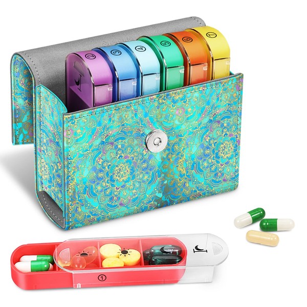 FINPAC Pill Box 7 Days 4 Compartments - Pill Box 4 Times a Day with Faux Leather Bag and Name Card Medicine Box for Pills Vitamin Fish Oil for Morning Lunch Evening Night Jade