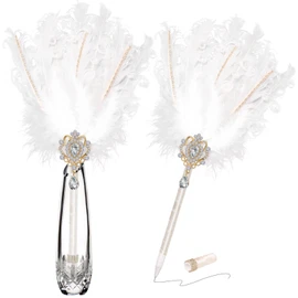 Luxury Feather Quill Pen with Shiny Rhinestones & Curled Goose Feathers- Wedding Guest Book Pen, Great Gatsby/HP Party Supplies, Bridal Shower Gift with Rose Gold Heart Charm (13.8",Pink)