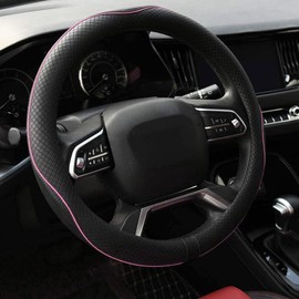 Rueesh - Funda universal antideslizante para volante de 38 cm, cubierta de piel de microfibra con acabado mate y diseño en relieve con línea rosa Funda antideslizante para rueda de coche para mujeres y hombres, duradera, transpirable, acolchado suave, sin