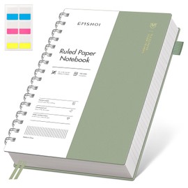 EMSHOI A5 Notebook College Ruled, Spiral Notepad 150 Sheets/300 Pages, 100gsm, PVC Cover, Sticky Notes, Pocket, Pen Loop, Ruler, Bookmark, Lined Journal for Writing, 14.5 x 21cm, Sage Green