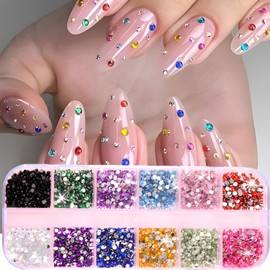 24 Grid Colorful Nail Charms for Nail Art Gems Kits Colorful Nail Rhinestones and Half Round Pearl Nail Charms 3D Flat Back Nail Charms and Gems for Decorations Manicure Supplies DIY Craft