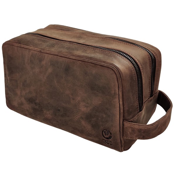 Genuine Leather Handmade Travel Toiletry Bag - Wash Bag, Shaving Kit & Make Up Kit - Travel Gift for Men & Women by Rustic Town