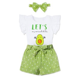 MIGU Toddler Girl Clothes 4T-5T Girls Summer Outfits Girls Clothing Sets with Avocado Ruffle Short Sleeve Top + Green Shorts Pants + Bow Hairband 3Pcs Set