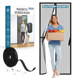 Augblinds Magnetic Screen Door Full Strip Magnets Fit Door Size 36 x 80 Inch, Door Mesh Size 38" x 81", Heavy Duty Polyester Net for Front Back Door, Stay-Open Option with Buckles, Black