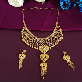Efulgenz Gold Tone Indian Jewelry Sets for Women Dubai Style Necklace Set Indian Gold Tone Floral Heart Shape Layered Ball Chain Necklace Earrings Indian Bridal Jewelry for Wedding Fashion Jewelry