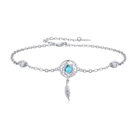 XIXLES Dream Catcher Bracelet 925 Sterling Silver Dreamcatcher Turquoise Bracelet for Women Dreamcatcher Bracelets Link Chain Feather Bracelets Adjustable Turquoise Dream Catcher Jewellery Gifts