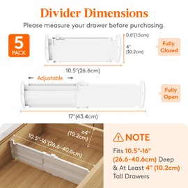 Lifewit 5 Pack Drawer Dividers 4" High, 10.5-16.5" Dresser Drawer Divider, Adjustable Drawer Organizers for Clothes, Plastic Drawers Separators for Dresser, Bedroom, Bathroom, Kitchen, Office