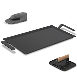 Carbon Steel Griddle Comes with Grill Press, Double Burner Griddle for Gas Stove, Electric Range, Outdoor Gas Grill, Induction, and Oven, Pre-seasoned Nitride Coating Compatible with Made in