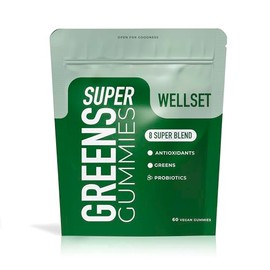 WELLSET Super Greens Gummies | 8 Botanicals Blend with Antioxidants & Gut-Friendly Probiotics | Added Probiotics + Fiber for Gut Health | 60 Gummies | Alternative to Super Greens Powder