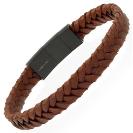 Men's Natural Braided Leather Bracelet Width 10mm Black PVD Stainless Steel Clasp Adjustable Gift Box Made in Italy, Adjustable, Stainless Steel Leather, No Gemstone