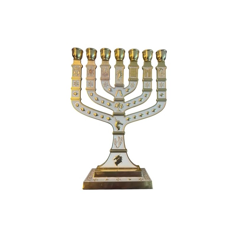 Cream White Enamel 7 Branch 12 Tribes Large Menorah 10.8"