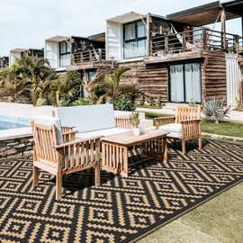 GENIMO Outdoor Rug for Patio Clearance, 9'x18' Waterproof Camping Mat, Reversible Plastic Straw Rugs for RV, Camper, Balcony, Backyard, Picnic, Deck (Black & Brown)