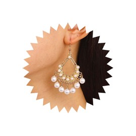 TseenYi Pearl Chandelier Earrings Gold Tassel Pearl Drop Earrings Vintage Pearl Dangle Earrings Indian Traditional Dangle Earrings Ethnic Pearl Pearl Earrings Jewellery for Teenagers, Zinc