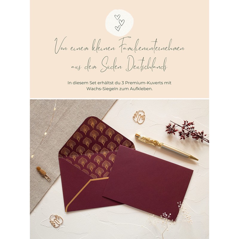 JoliCoon 3 Envelopes A6 Dark Red with Gold Foil and