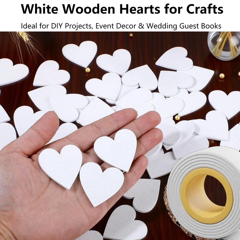 YKEBVPW 100PCS Wooden Hearts for Wedding Guest Book Small White