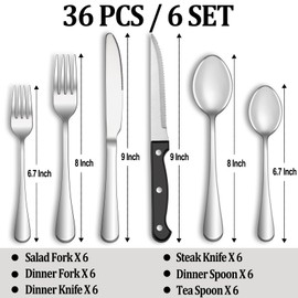 36 Pcs Silverware Set with Steak Knives Service for 6,Stainless Steel Flatware Set,Mirror Polished Cutlery Utensil Set,Home Kitchen Eating Tableware Set,Include Fork Knife Spoon Set,Dishwasher Safe