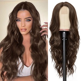 NAYOO Long Dark Brown Wavy Wig for Women 26 Inch Middle Part Curly Wavy Wig Natural Looking Synthetic Heat Resistant Fiber for Daily Party Use(Dark Brown)