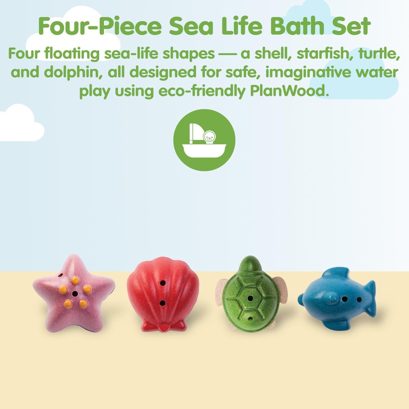 PlanToys® Sea Life Bath Set Wooden Montessori Tactile and Imaginative