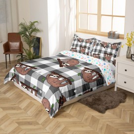 Feelyou Sloth Duvet Cover Buffalo Check Bedding Set Cute Animal Pattern Comforter Cover for Boys Girls Children Bedroom Decor Cartoon Sloths Printed Bedspread Cover Queen Size with 2 Pillow Case