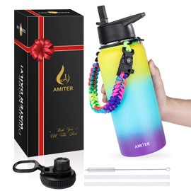 AMITER Stainless Steel Insulated Water Bottle with Paracord Handle, 32 oz Double Walled Vacuum 18/8 Thermos with Straw & Spout Lid, Leakproof BPA Free Travel Mug Jug