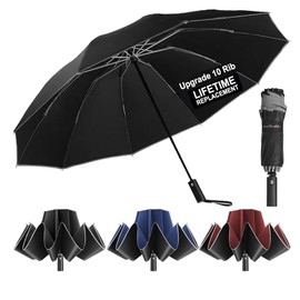 Ultimate Windproof Inverted Travel Umbrella 10 Rib with Reflective Edges, Automatic Folding, Compact & Portable, Durable Reverse-Fold Rain Umbrella for Car & Backpack - C1.1.UV.Black